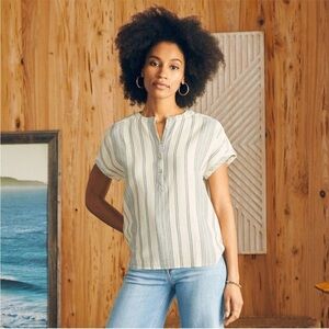 Faherty Size XXL Dream Cotton Gauze Desmond Top in Cream Tidal Wave Dobby